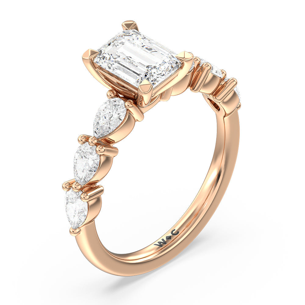 Glamorous Pear Side Stone Engagement Ring with Emerald Cut Diamond in 14KT Rose Gold view 3
