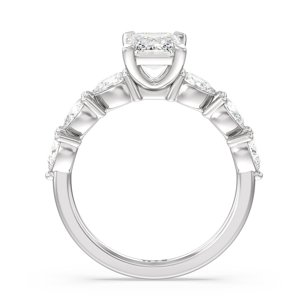 Glamorous Pear Side Stone Engagement Ring with Emerald Cut Diamond in 14KT Platinum view 2
