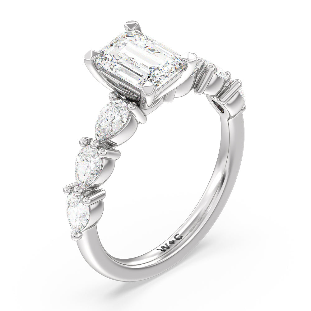 Glamorous Pear Side Stone Engagement Ring with Emerald Cut Diamond in 14KT Platinum view 3
