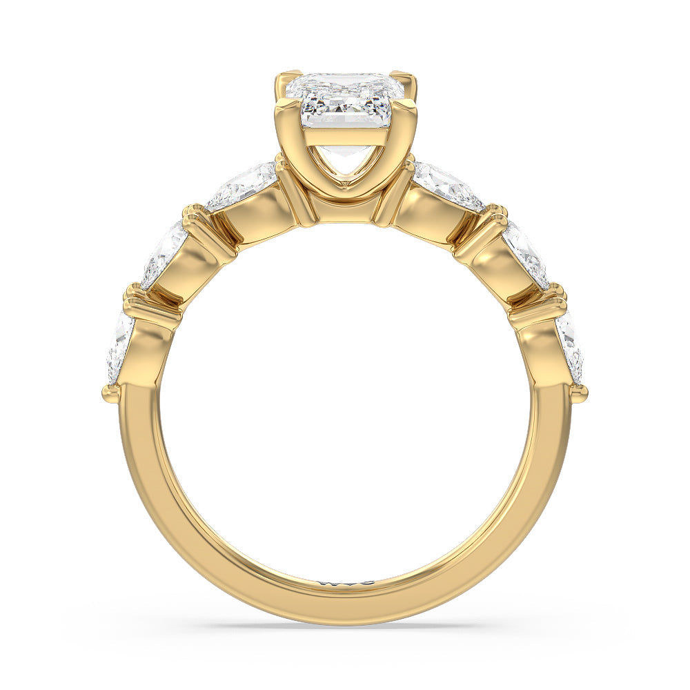 Glamorous Pear Side Stone Engagement Ring with Emerald Cut Diamond in 14KT Yellow Gold view 2
