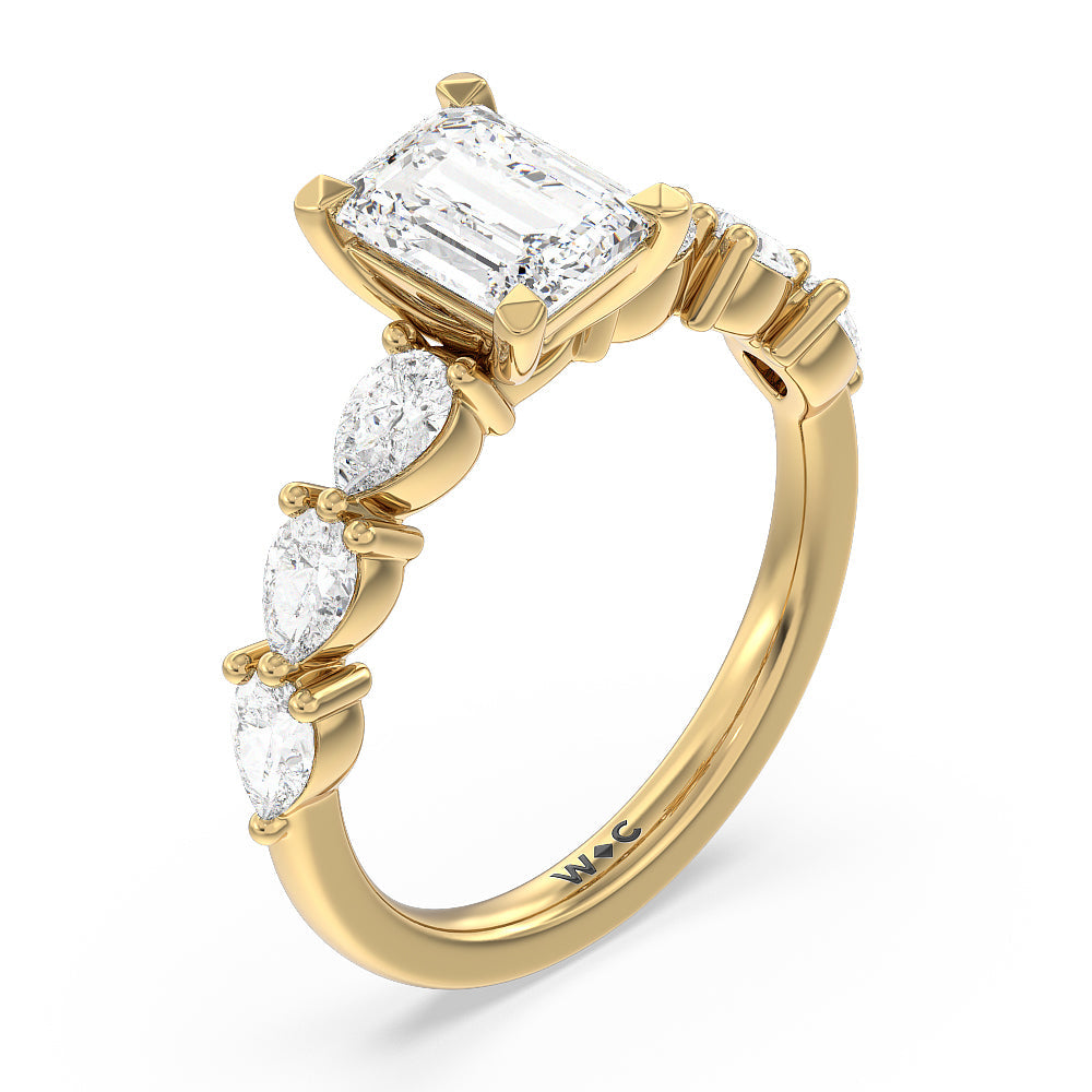 Glamorous Pear Side Stone Engagement Ring with Emerald Cut Diamond in 14KT Yellow Gold view 3
