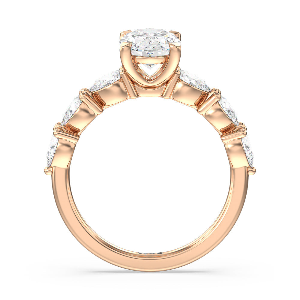 Glamorous Pear Side Stone Engagement Ring with Oval Cut Diamond in 14KT Rose Gold view 2
