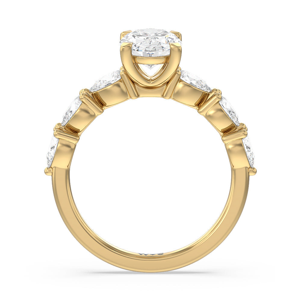 Glamorous Pear Side Stone Engagement Ring with Oval Cut Diamond in 14KT Yellow Gold view 2
