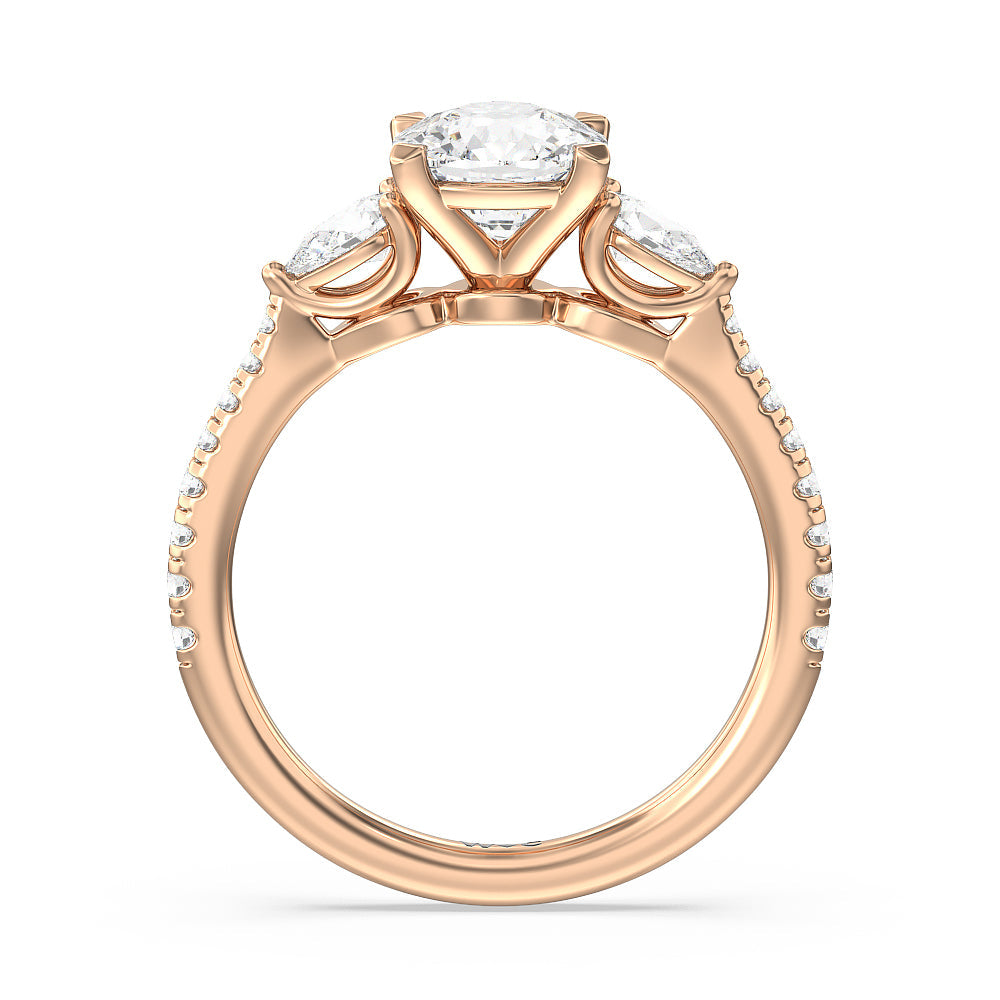 Pear Three Stone Pave Engagement Ring with Cushion Cut Diamond in 14KT Rose Gold view 2
