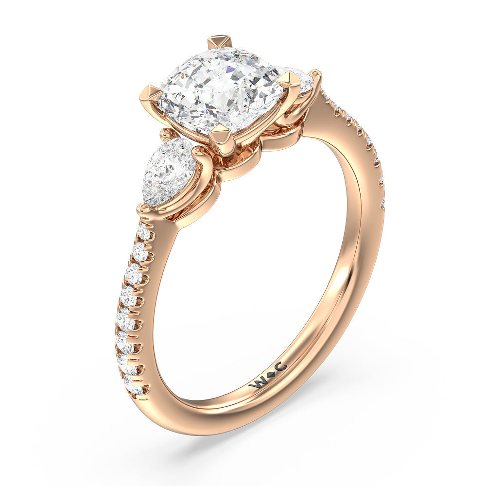 Pear Three Stone Pave Engagement Ring with Cushion Cut Diamond in 14KT Rose Gold view 3
