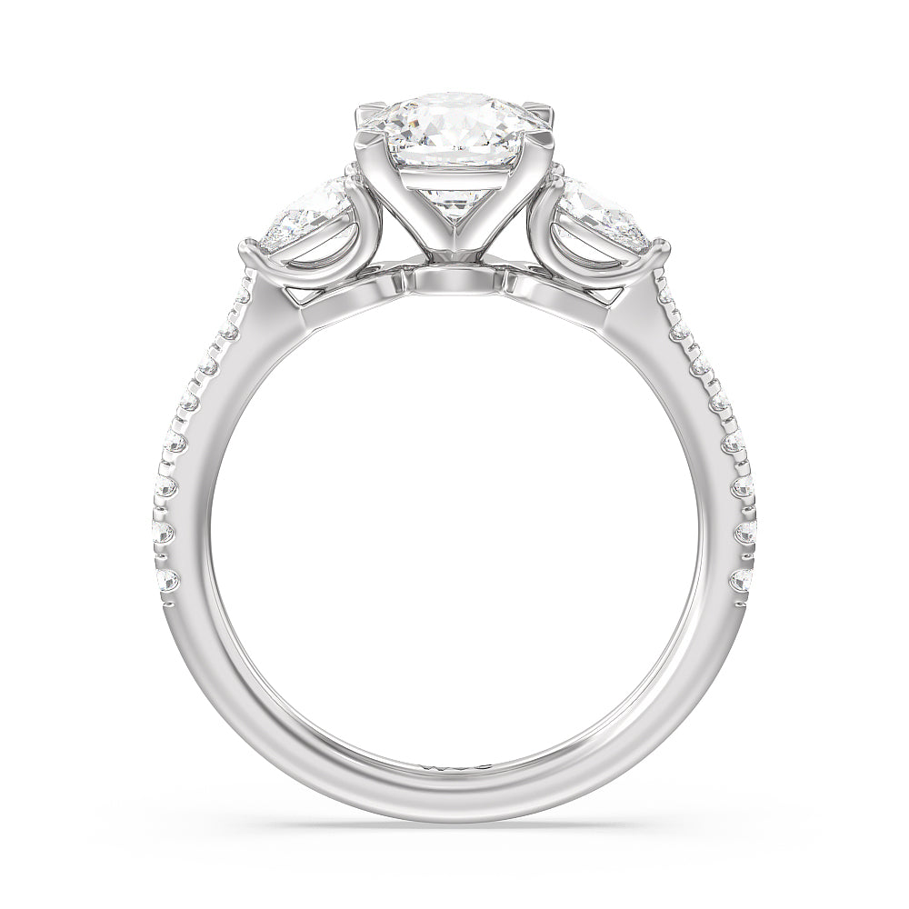 Pear Three Stone Pave Engagement Ring with Cushion Cut Diamond in 14KT Platinum view 2
