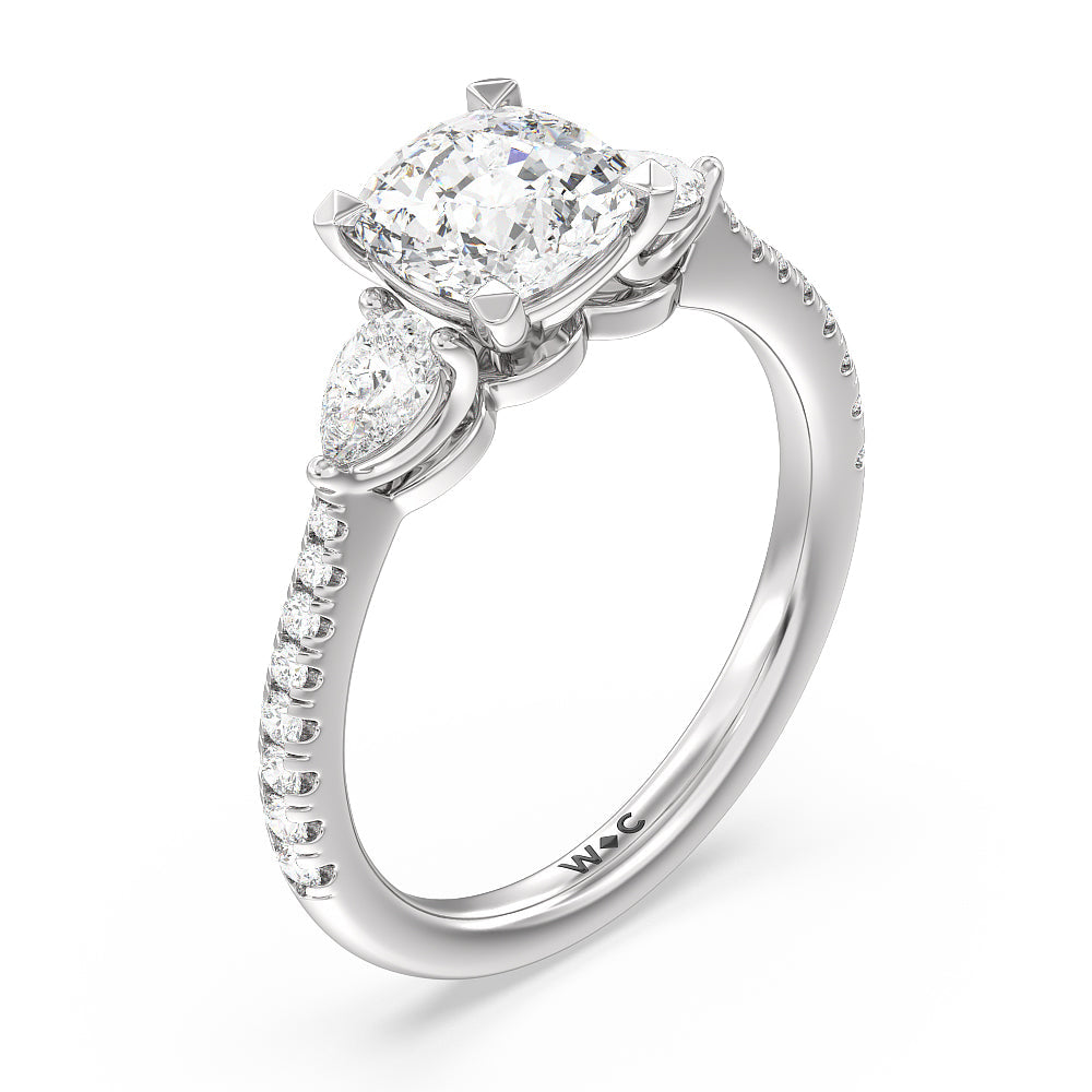 Pear Three Stone Pave Engagement Ring with Cushion Cut Diamond in 14KT Platinum view 3
