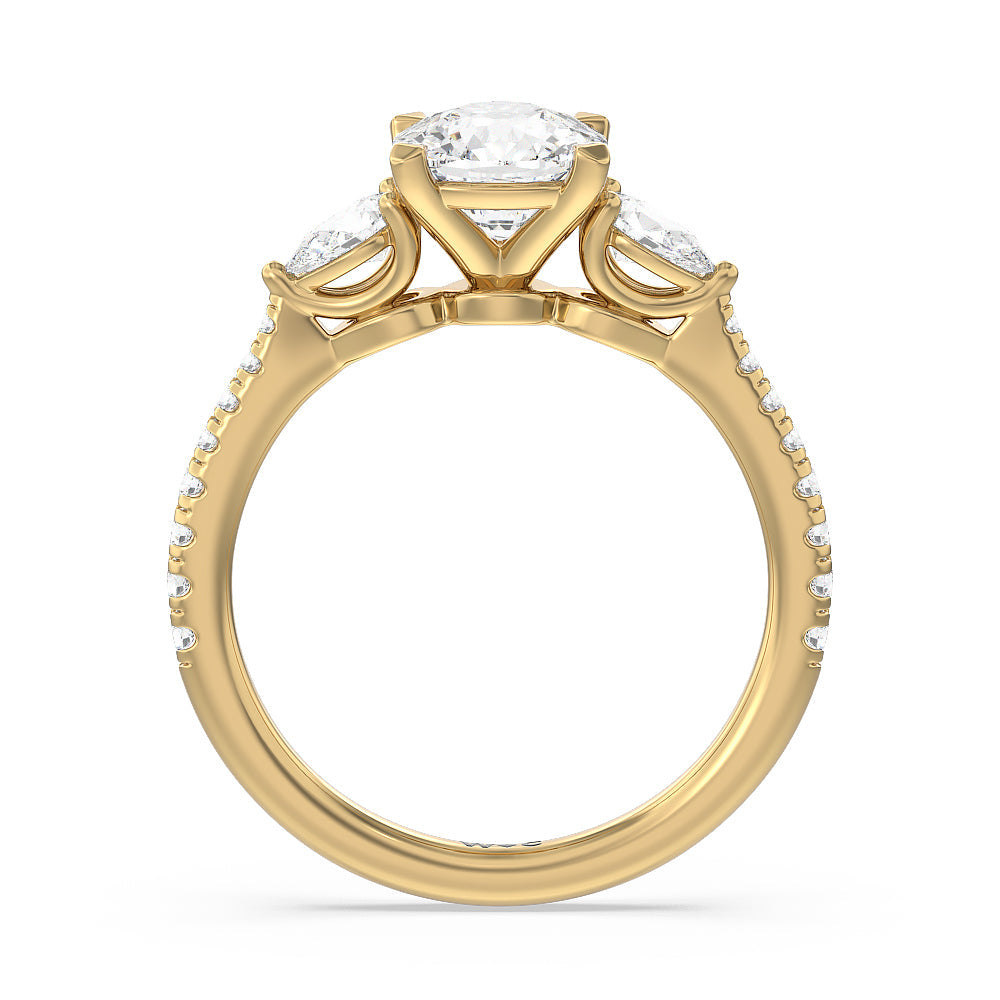 Pear Three Stone Pave Engagement Ring with Cushion Cut Diamond in 14KT Yellow Gold view 2
