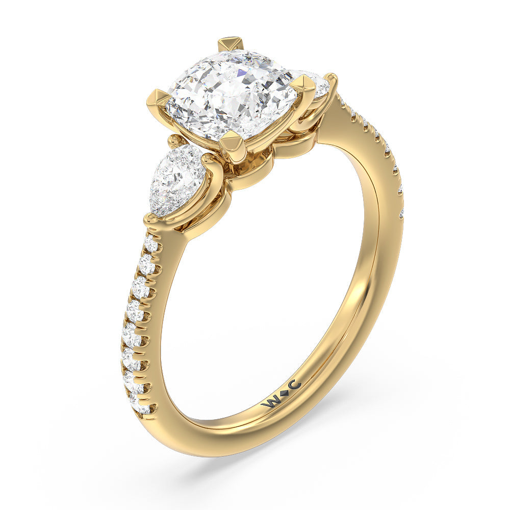 Pear Three Stone Pave Engagement Ring with Cushion Cut Diamond in 14KT Yellow Gold view 3

