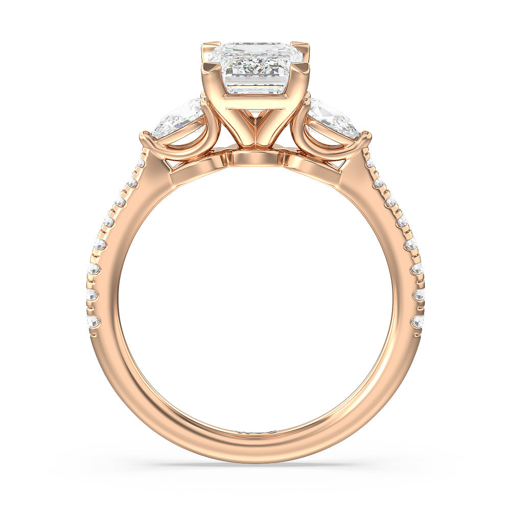 Pear Three Stone Pave Engagement Ring with Emerald Cut Diamond in 14KT Rose Gold view 2
