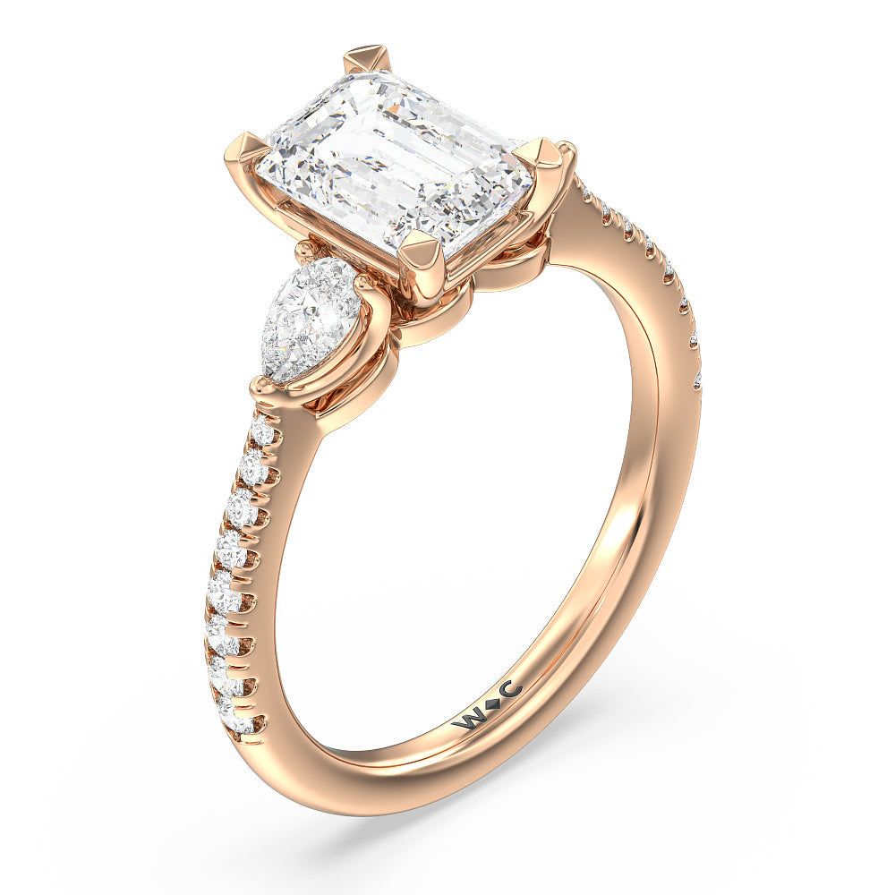 Pear Three Stone Pave Engagement Ring with Emerald Cut Diamond in 14KT Rose Gold view 3
