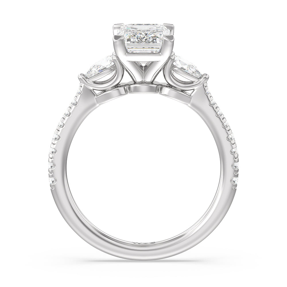 Pear Three Stone Pave Engagement Ring with Emerald Cut Diamond in 14KT Platinum view 2
