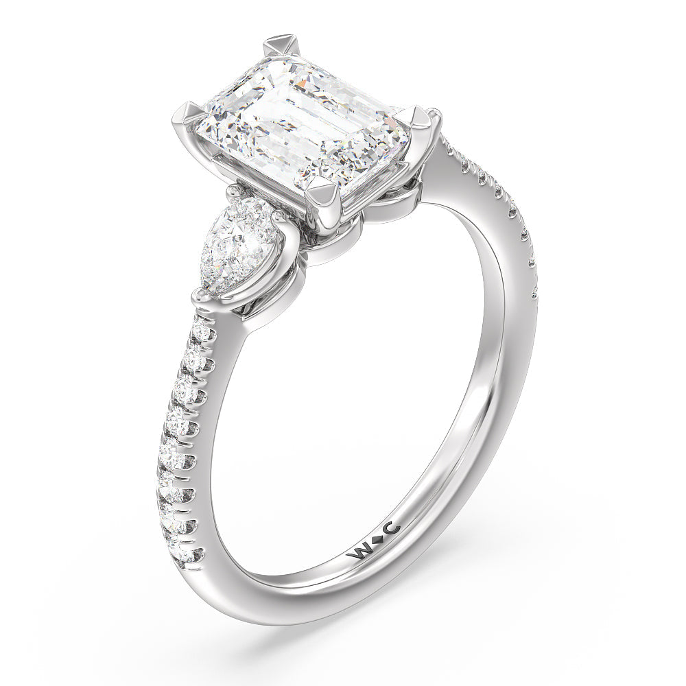 Pear Three Stone Pave Engagement Ring with Emerald Cut Diamond in 14KT Platinum view 3
