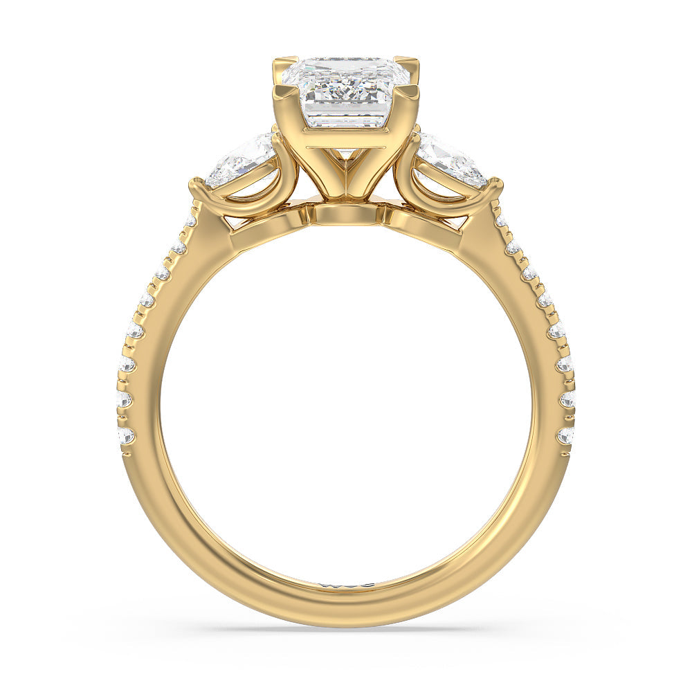 Pear Three Stone Pave Engagement Ring with Emerald Cut Diamond in 14KT Yellow Gold view 2
