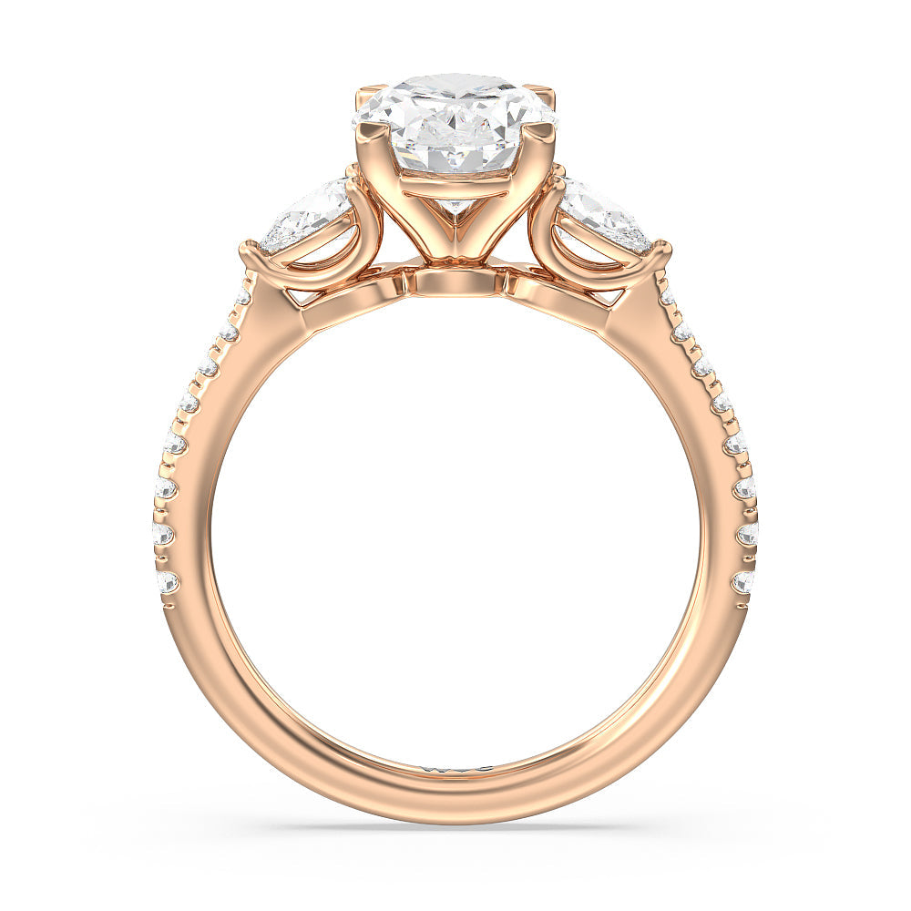 Pear Three Stone Pave Engagement Ring with Oval Cut Diamond in 14KT Rose Gold view 2
