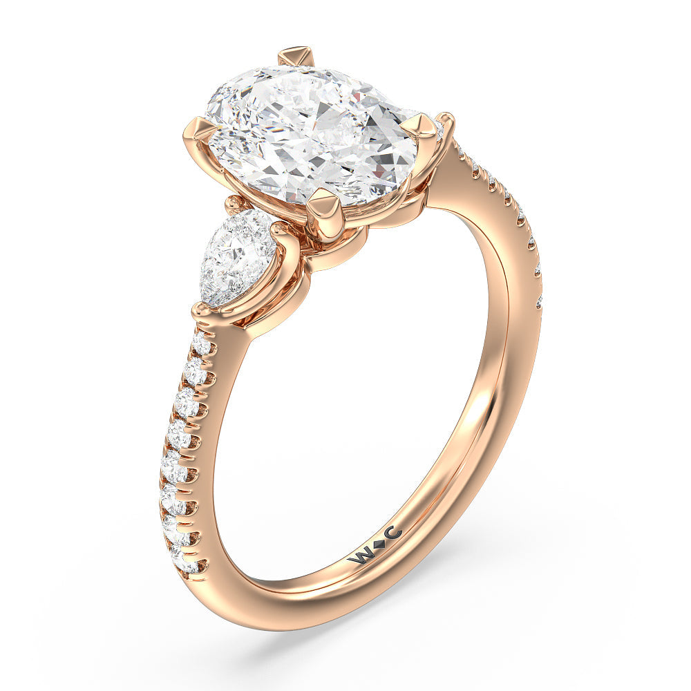 Pear Three Stone Pave Engagement Ring with Oval Cut Diamond in 14KT Rose Gold view 3
