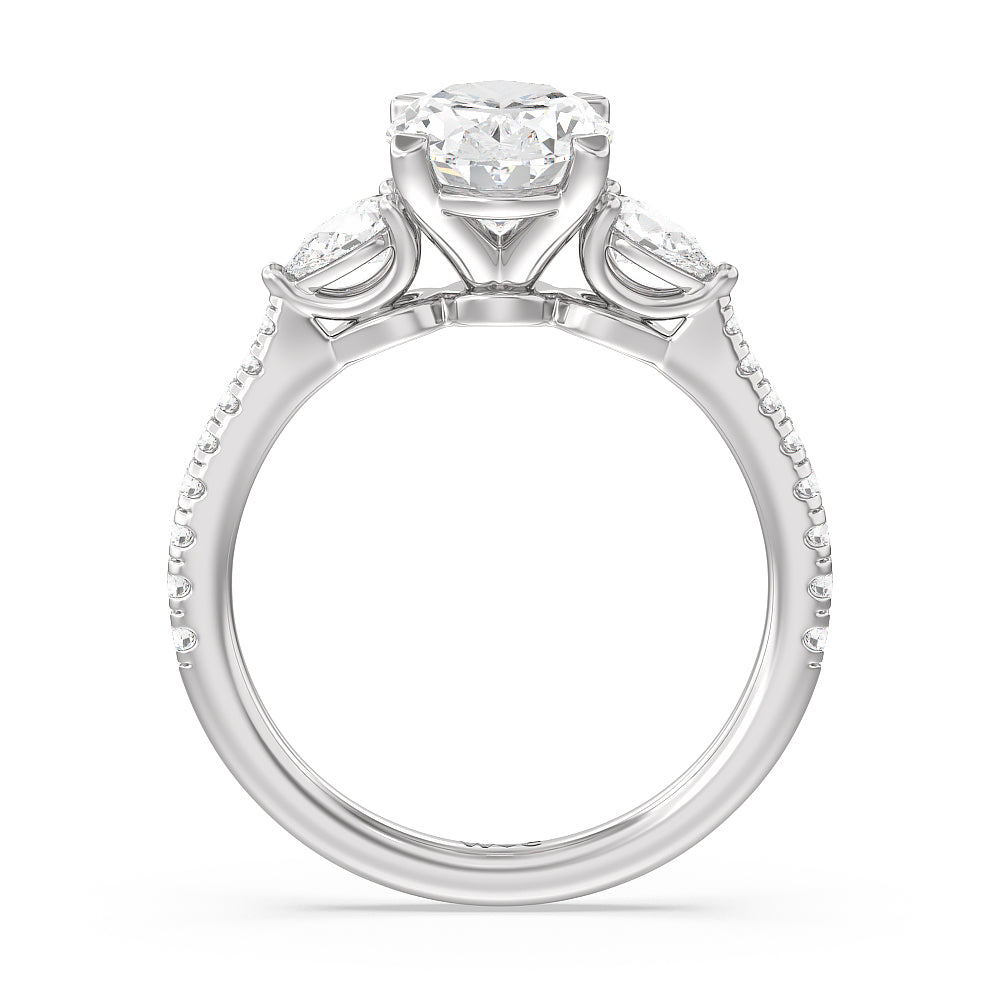 Pear Three Stone Pave Engagement Ring with Oval Cut Diamond in 14KT Platinum view 2
