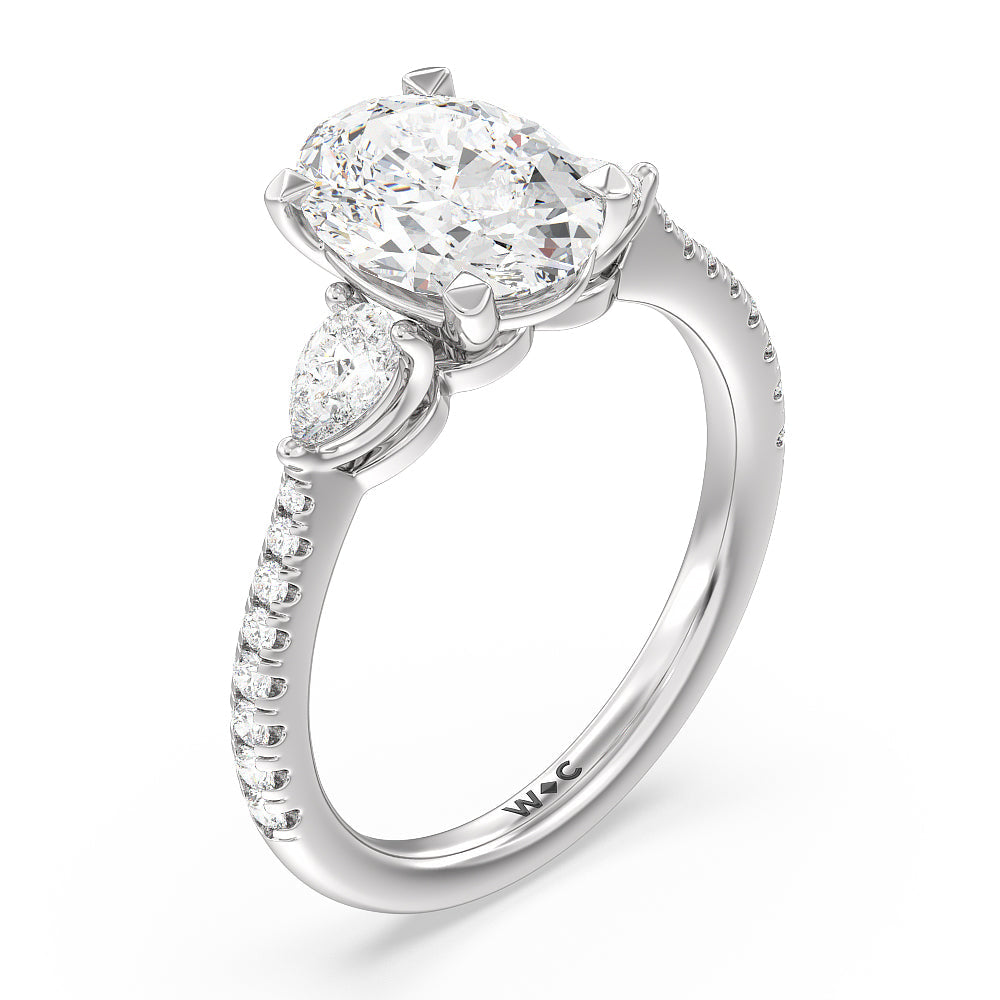 Pear Three Stone Pave Engagement Ring with Oval Cut Diamond in 14KT Platinum view 3
