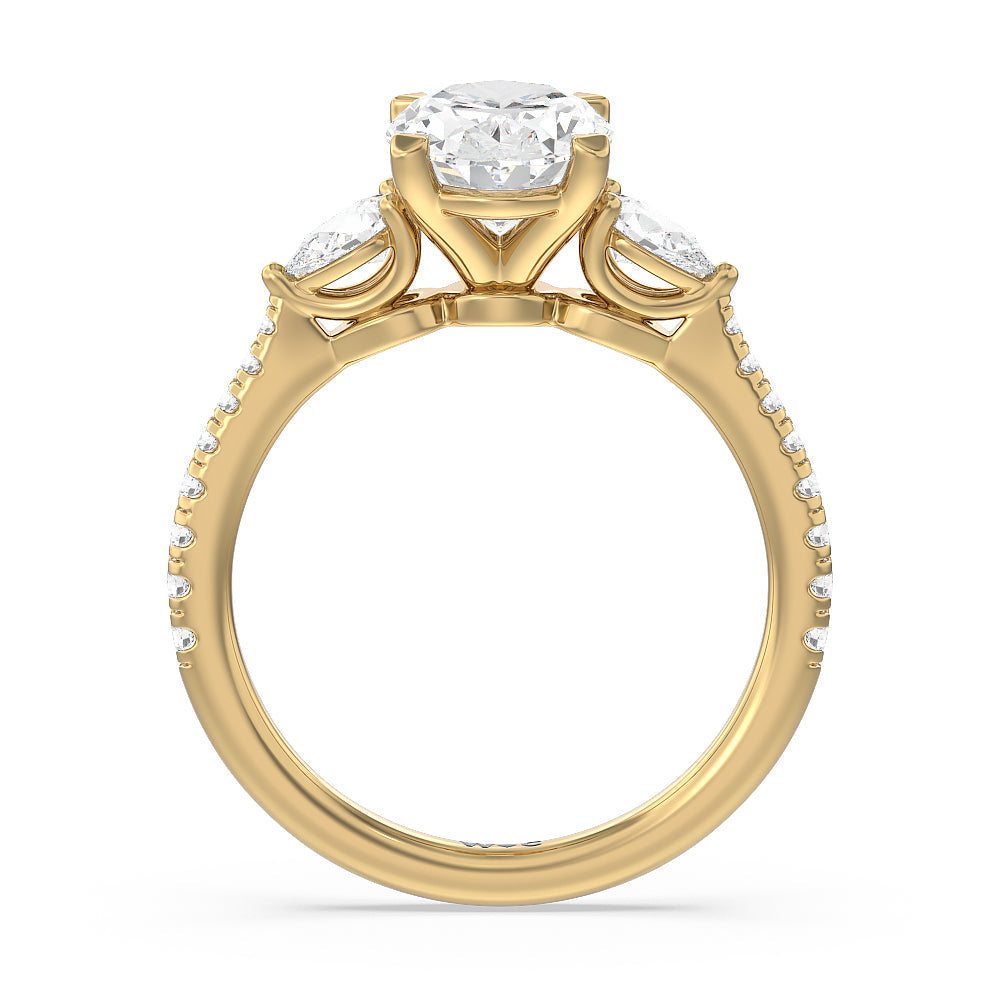 Pear Three Stone Pave Engagement Ring with Oval Cut Diamond in 14KT Yellow Gold view 2
