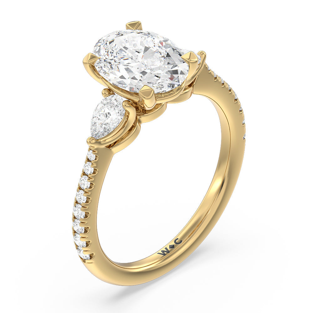 Pear Three Stone Pave Engagement Ring with Oval Cut Diamond in 14KT Yellow Gold view 3
