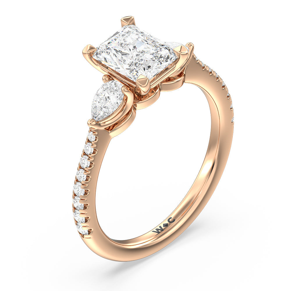 Pear Three Stone Pave Engagement Ring with Radiant Cut Diamond in 14KT Rose Gold view 3
