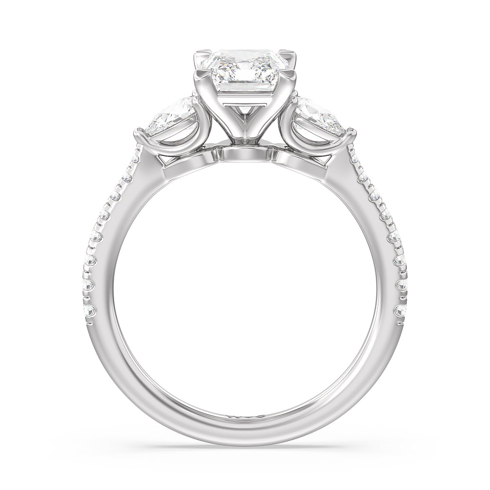 Pear Three Stone Pave Engagement Ring with Radiant Cut Diamond in 14KT Platinum view 2
