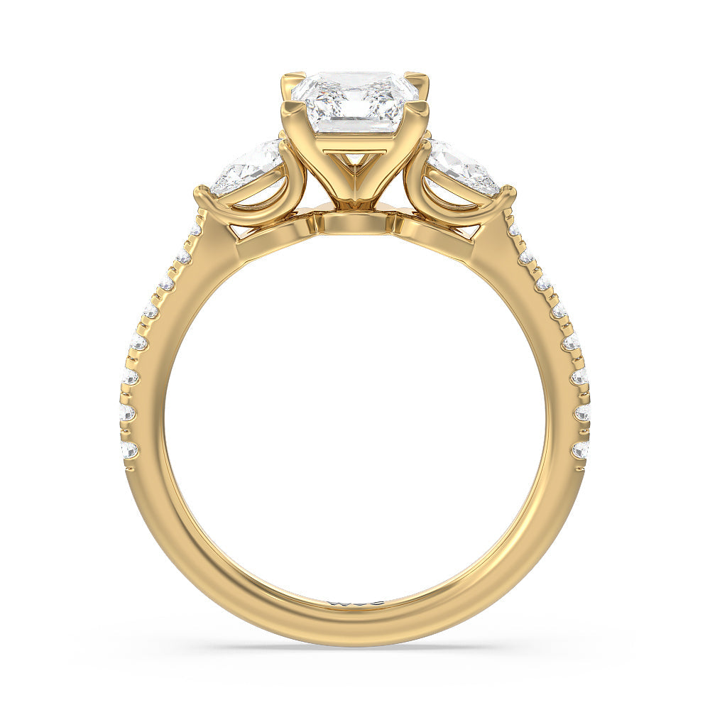 Pear Three Stone Pave Engagement Ring with Radiant Cut Diamond in 14KT Yellow Gold view 2

