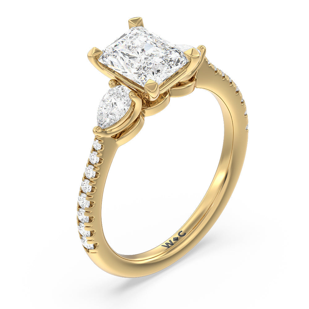 Pear Three Stone Pave Engagement Ring with Radiant Cut Diamond in 14KT Yellow Gold view 3
