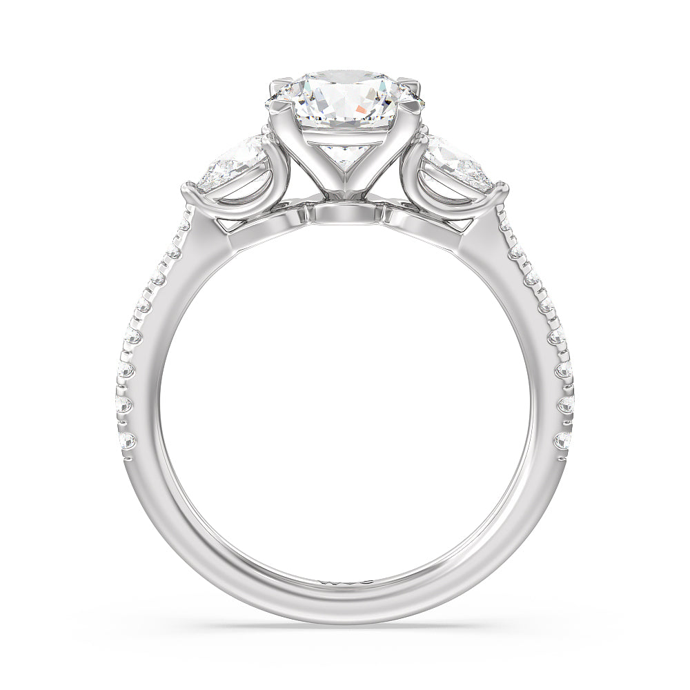 Pear Three Stone Pave Engagement Ring with Round Cut Diamond in 14KT Platinum view 2

