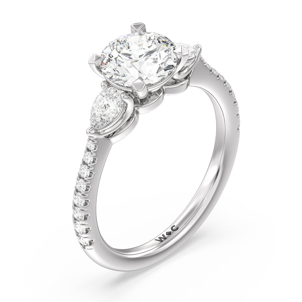 Pear Three Stone Pave Engagement Ring with Round Cut Diamond in 14KT Platinum view 3
