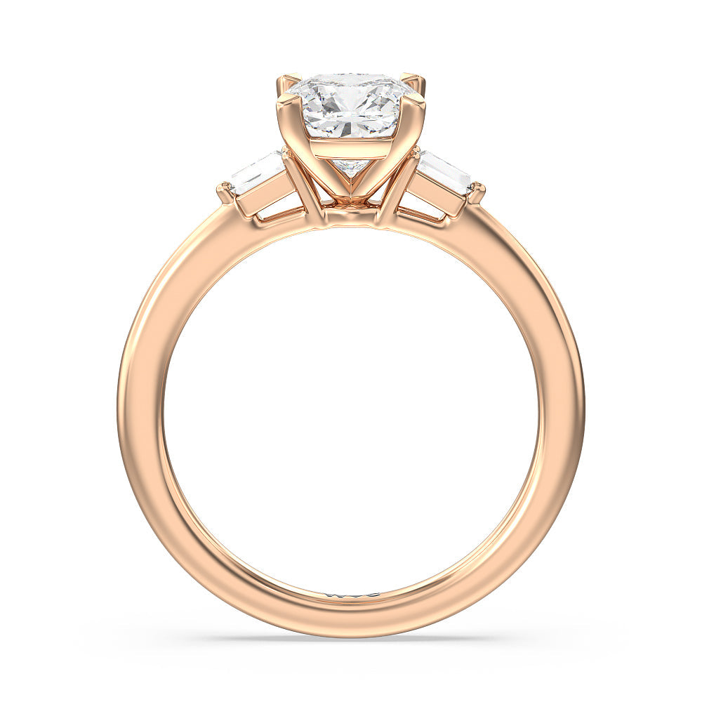 Baguette Side Stone Engagement Ring with Cushion Cut Diamond in 14KT Rose Gold view 2
