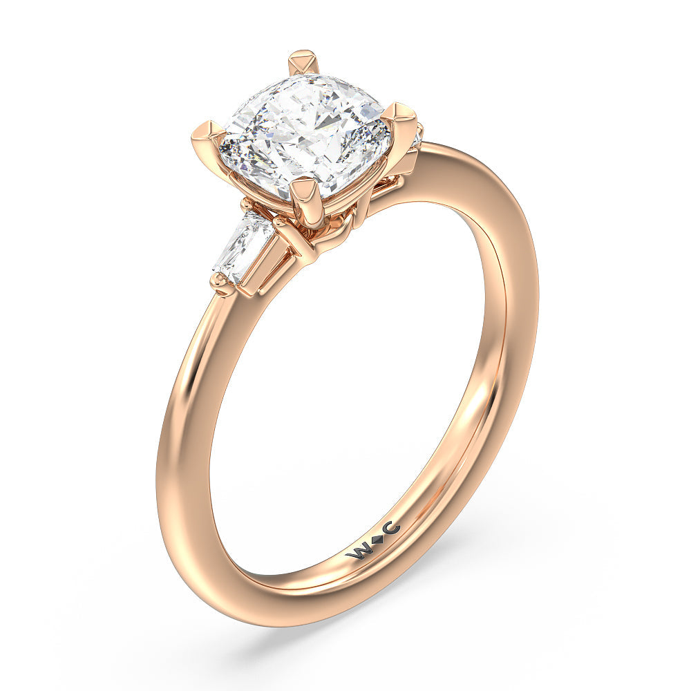 Baguette Side Stone Engagement Ring with Cushion Cut Diamond in 14KT Rose Gold view 3
