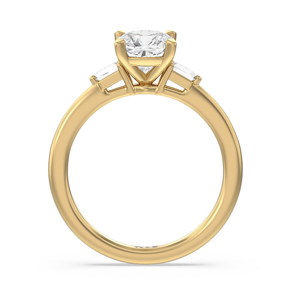 Baguette Side Stone Engagement Ring with Cushion Cut Diamond in 14KT Yellow Gold view 2
