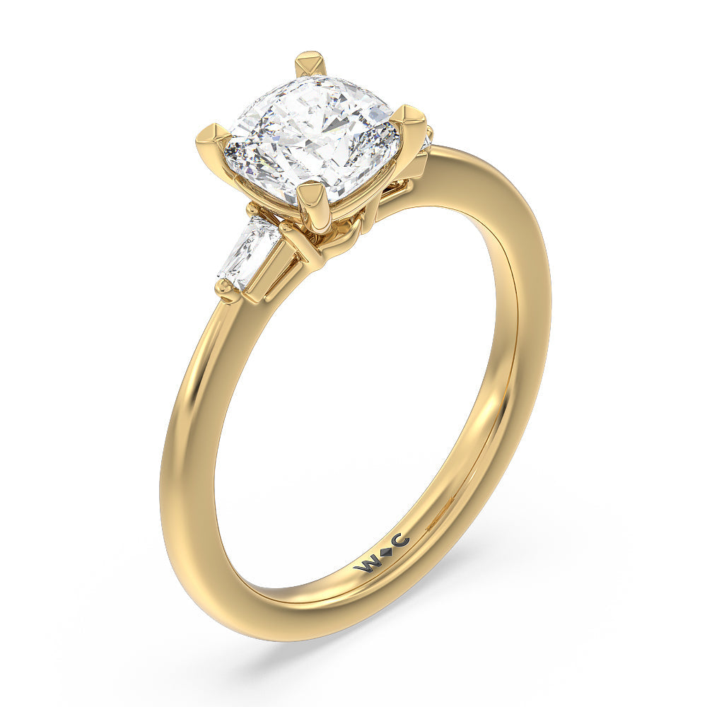Baguette Side Stone Engagement Ring with Cushion Cut Diamond in 14KT Yellow Gold view 3
