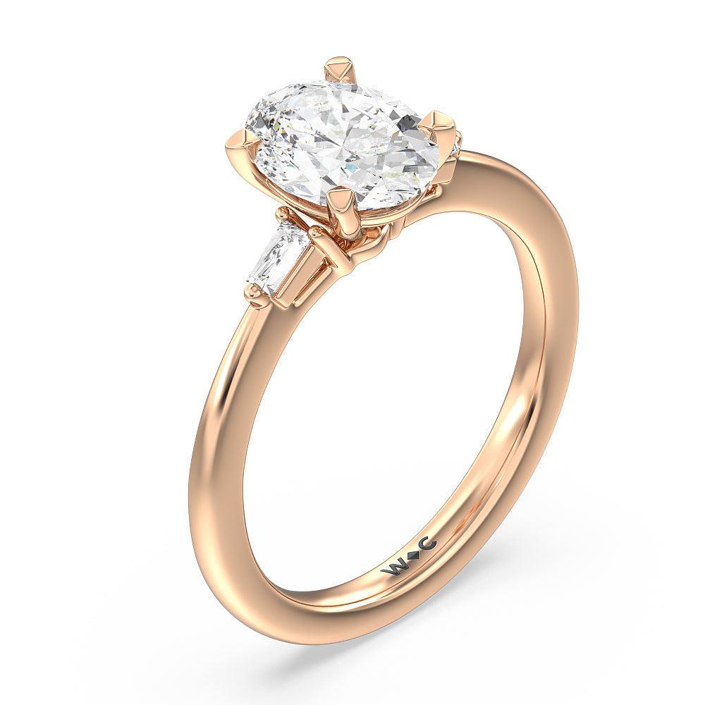 Baguette Side Stone Engagement Ring with Oval Cut Diamond in 14KT Rose Gold view 3
