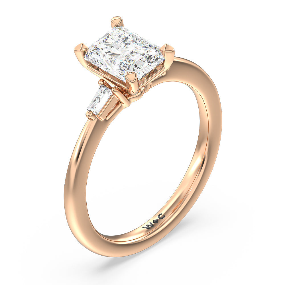 Baguette Side Stone Engagement Ring with Radiant Cut Diamond in 14KT Rose Gold view 3
