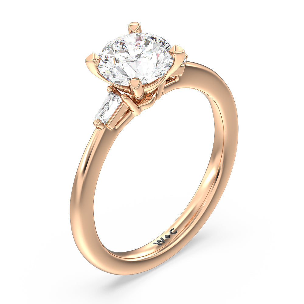 Baguette Side Stone Engagement Ring with Round Cut Diamond in 14KT Rose Gold view 3
