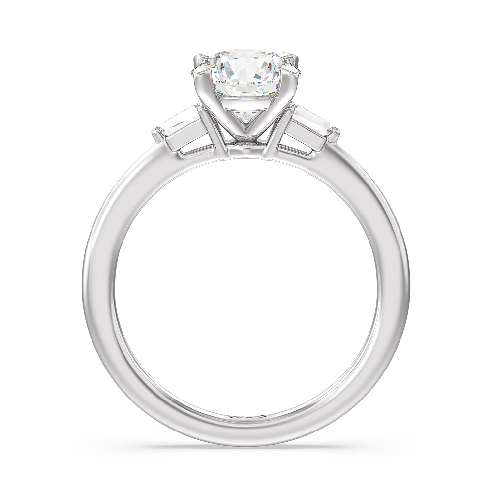 Baguette Side Stone Engagement Ring with Round Cut Diamond in 14KT Platinum view 2
