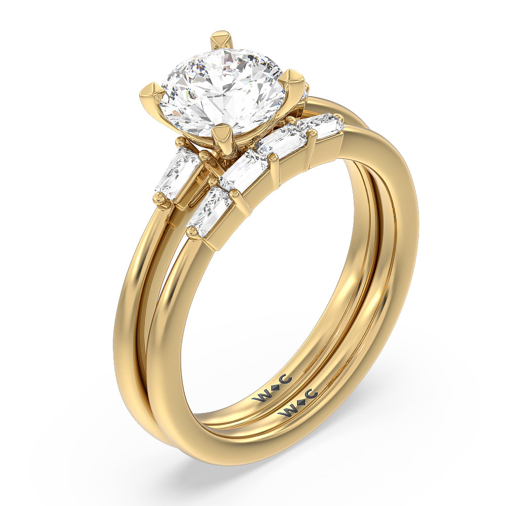 Baguette Side Stone Engagement Ring with Round Cut Diamond in 14KT Yellow Gold view 4
