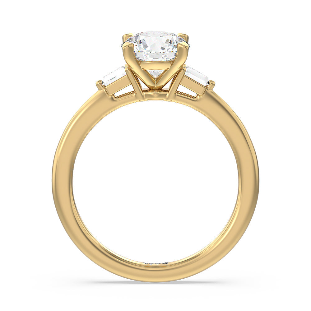 Baguette Side Stone Engagement Ring with Round Cut Diamond in 14KT Yellow Gold view 2
