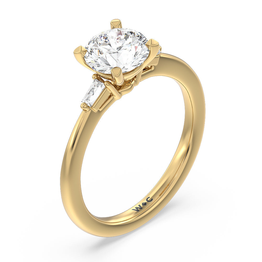 Baguette Side Stone Engagement Ring with Round Cut Diamond in 14KT Yellow Gold view 3
