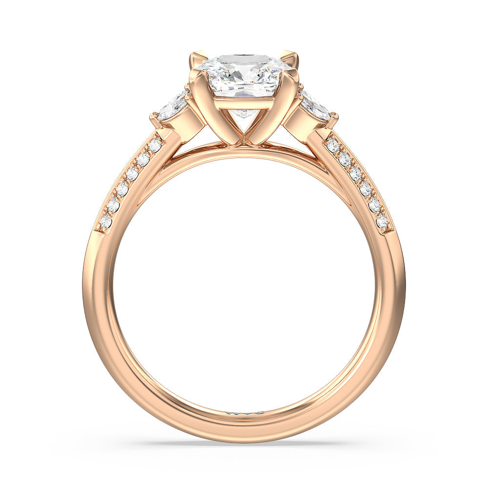 Knife Edge Pave & Side Stone Cathedral Diamond Engagement Ring with Cushion Cut Diamond in 14KT Rose Gold view 2
