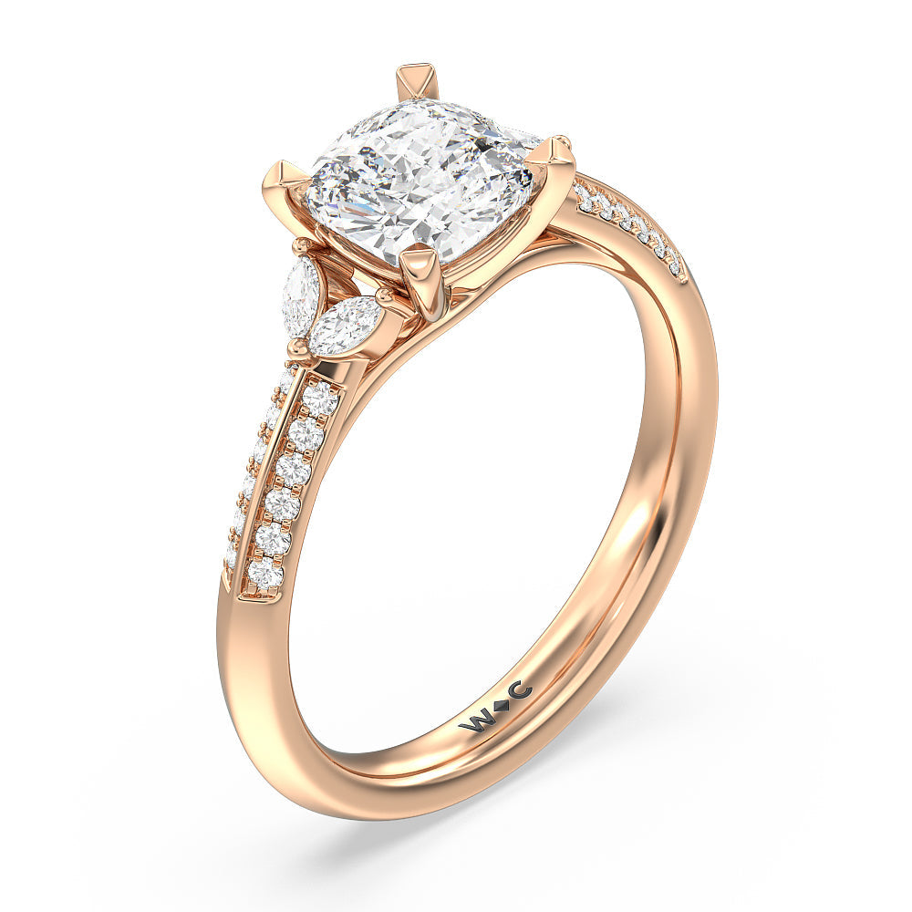 Knife Edge Pave & Side Stone Cathedral Diamond Engagement Ring with Cushion Cut Diamond in 14KT Rose Gold view 3

