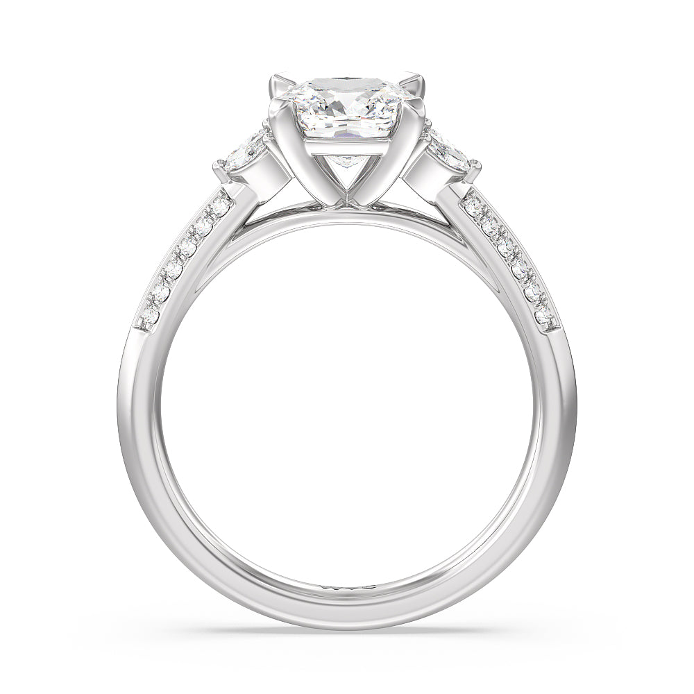 Knife Edge Pave & Side Stone Cathedral Diamond Engagement Ring with Cushion Cut Diamond in 14KT Platinum view 2
