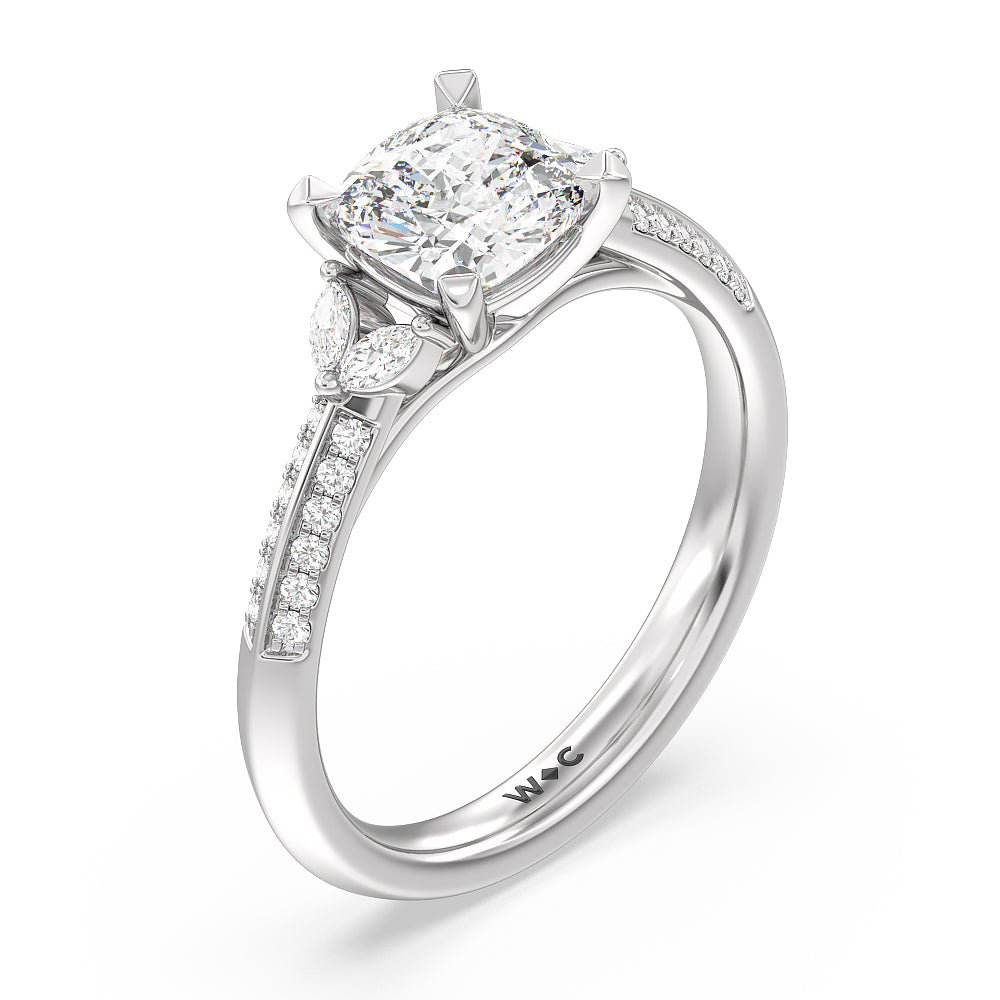 Knife Edge Pave & Side Stone Cathedral Diamond Engagement Ring with Cushion Cut Diamond in 14KT Platinum view 3
