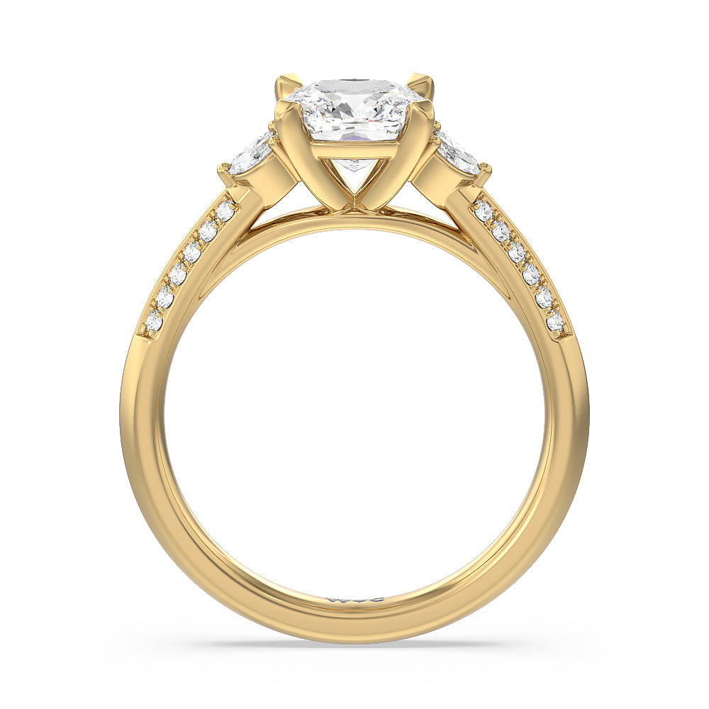 Knife Edge Pave & Side Stone Cathedral Diamond Engagement Ring with Cushion Cut Diamond in 14KT Yellow Gold view 2
