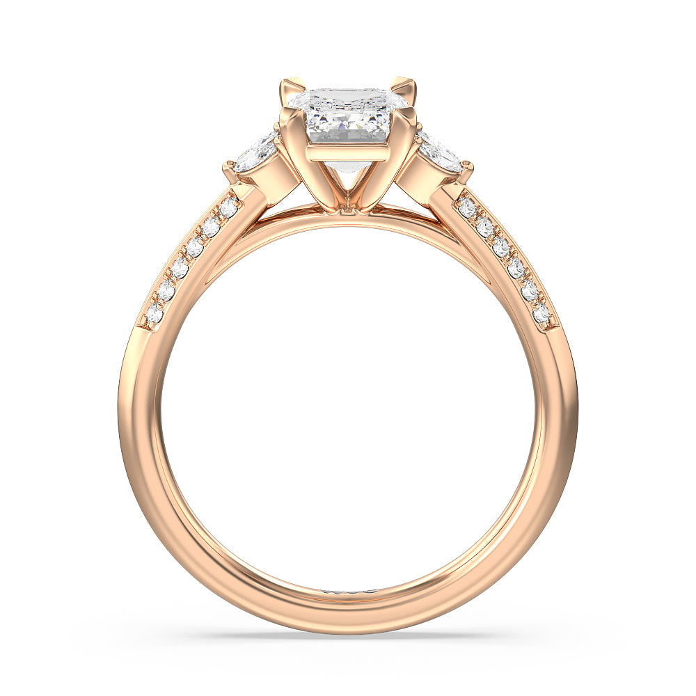 Knife Edge Pave & Side Stone Cathedral Diamond Engagement Ring with Emerald Cut Diamond in 14KT Rose Gold view 2
