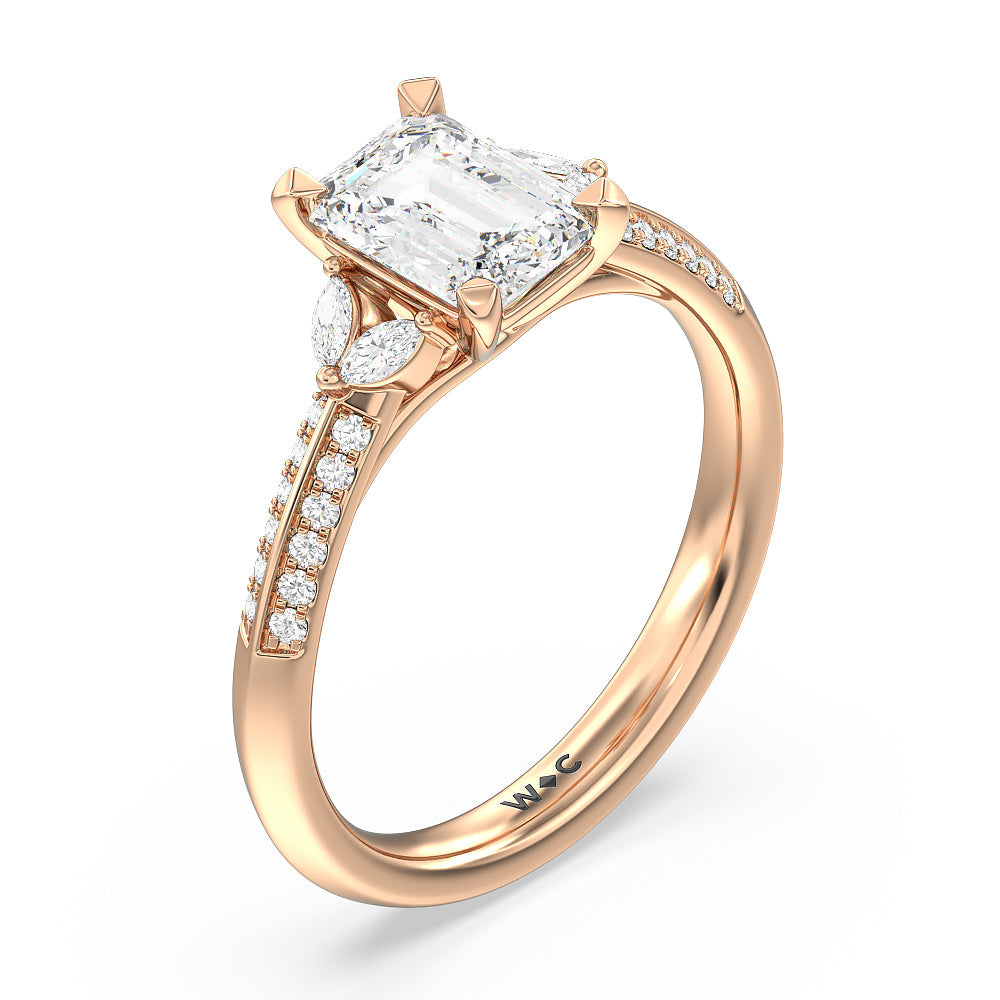 Knife Edge Pave & Side Stone Cathedral Diamond Engagement Ring with Emerald Cut Diamond in 14KT Rose Gold view 3
