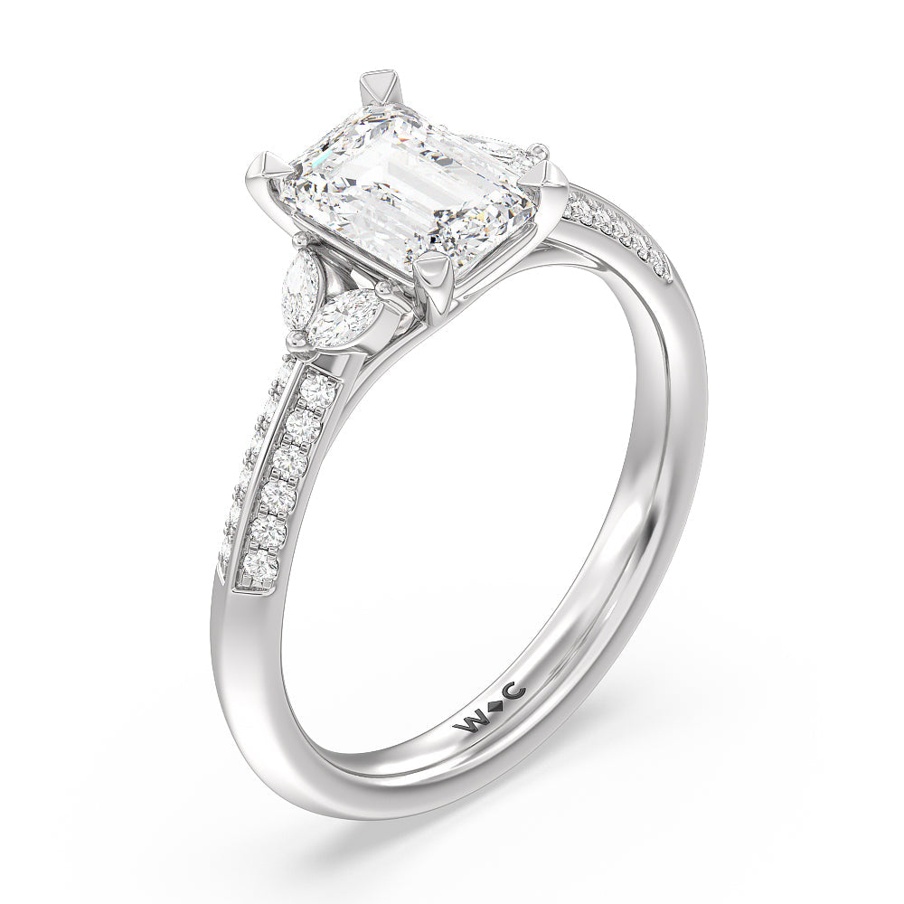 Knife Edge Pave & Side Stone Cathedral Diamond Engagement Ring with Emerald Cut Diamond in 14KT Platinum view 3
