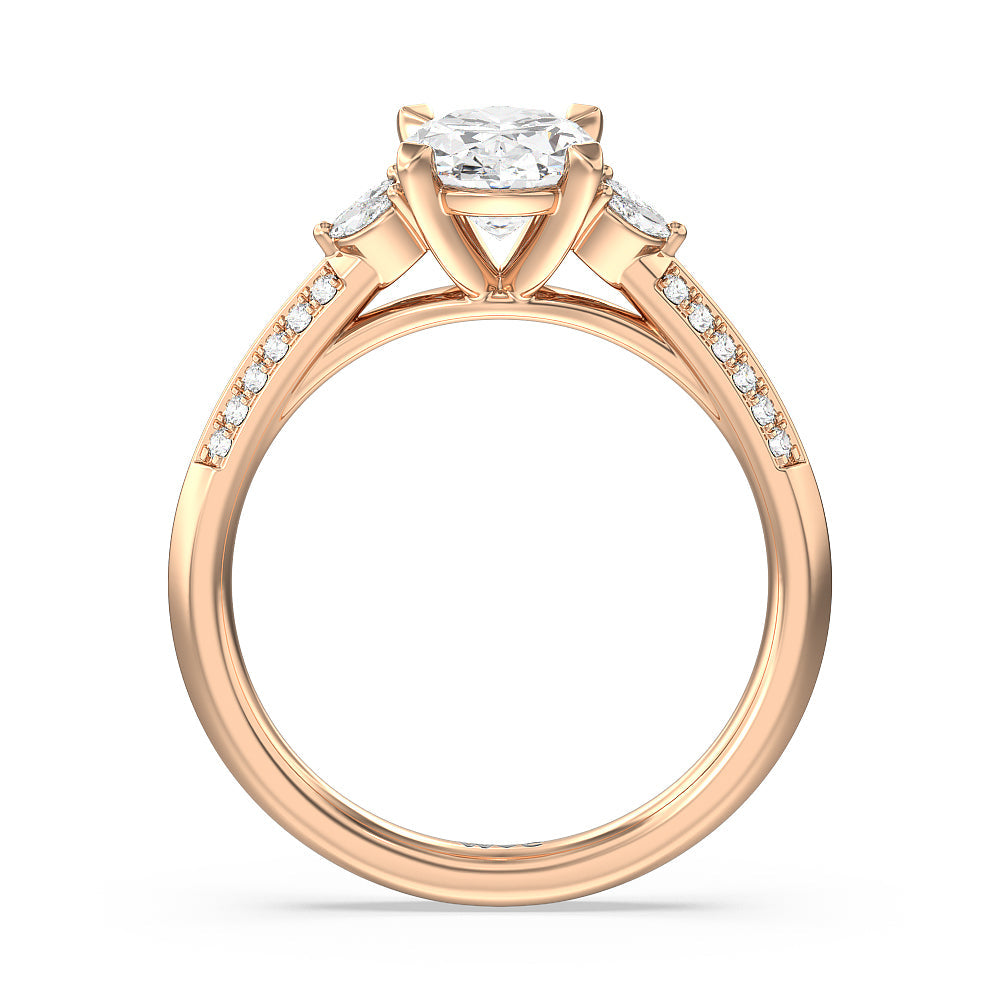 Knife Edge Pave & Side Stone Cathedral Diamond Engagement Ring with Oval Cut Diamond in 14KT Rose Gold view 2
